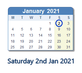 2 January 2021 calendar