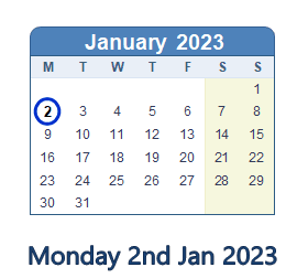 2 January 2023 calendar
