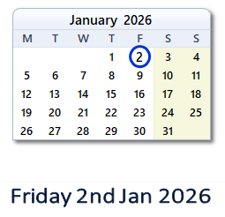 2 January 2026 calendar