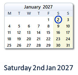 2 January 2027 calendar