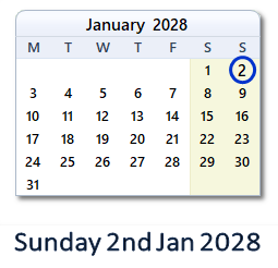 2 January 2028 calendar