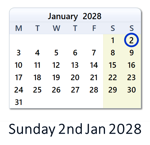 2 January 2028 Calendar with EU Holidays & Count Down