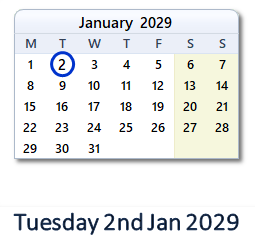 2 January 2029 calendar