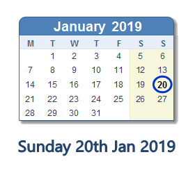 20 January 2019 calendar