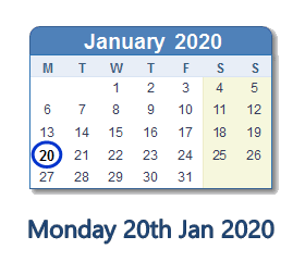 20 January 2020 calendar