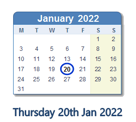 20 January 2022 calendar