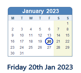 20 January 2023 calendar