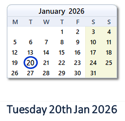 20 January 2026 calendar
