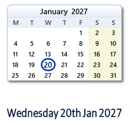 20 January 2027 calendar