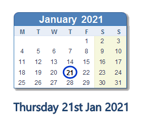 21 January 2021 calendar