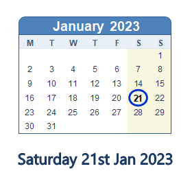 21 January 2023 calendar