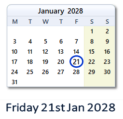 21 January 2028 calendar