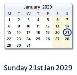 21 January 2029 calendar