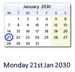 21 January 2030 calendar