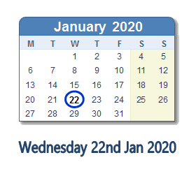 22 January 2020 calendar