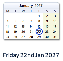 22 January 2027 calendar
