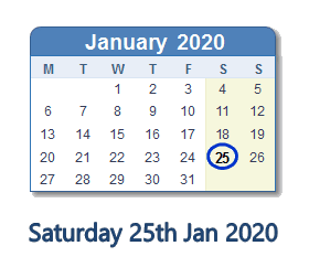25 January 2020 calendar