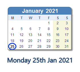 25 January 2021 calendar