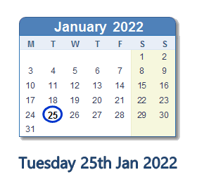 25 January 2022 calendar