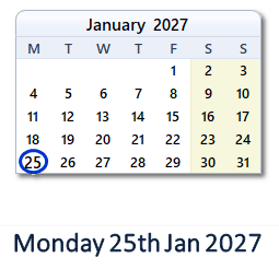 25 January 2027 calendar