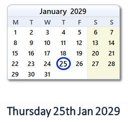 25 January 2029 calendar
