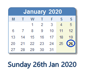 26 January 2020 calendar