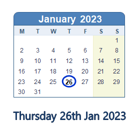 26 January 2023 calendar