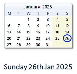 26 January 2025 calendar