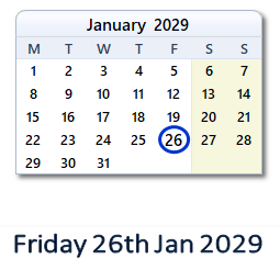 26 January 2029 calendar