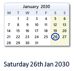 26 January 2030 calendar