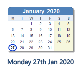 27 January 2020 calendar