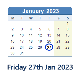 27 January 2023 calendar