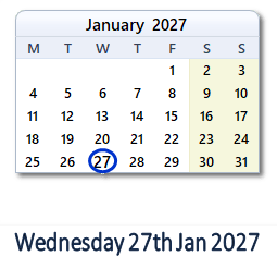 27 January 2027 calendar