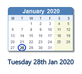 28 January 2020 calendar