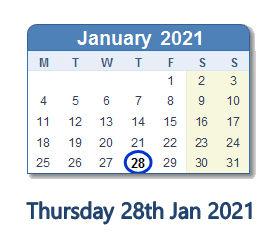 28 January 2021 calendar