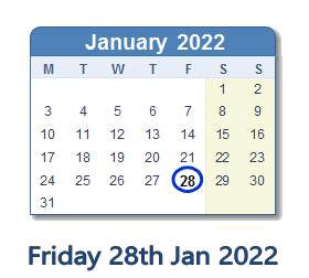 28 January 2022 calendar
