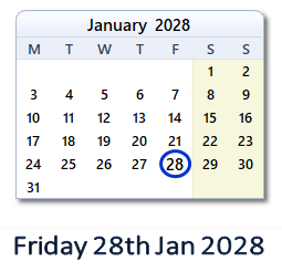 28 January 2028 calendar