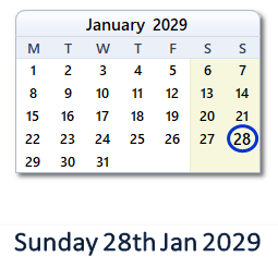 28 January 2029 calendar