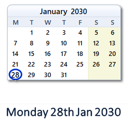 28 January 2030 calendar