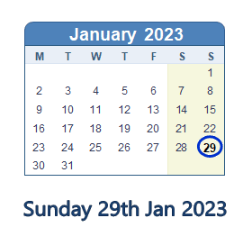 29 January 2023 calendar