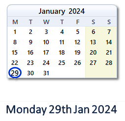 29 January 2024 calendar