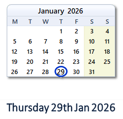29 January 2026 calendar