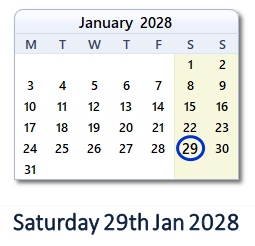 29 January 2028 calendar