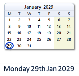 29 January 2029 calendar