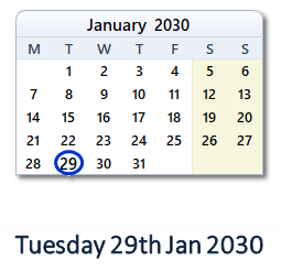29 January 2030 calendar