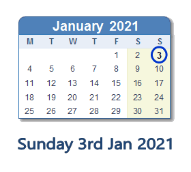 January 3 2021 Calendar With Holiday Info And Count Down Ind