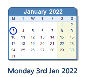 3 January 2022 calendar