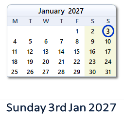 3 January 2027 calendar