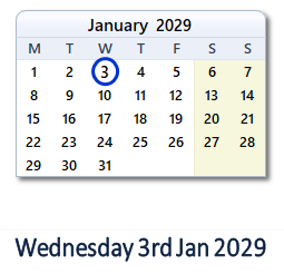 3 January 2029 calendar