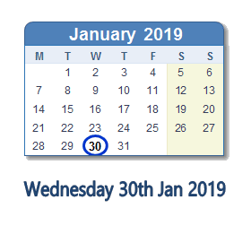 30 January 2019 calendar